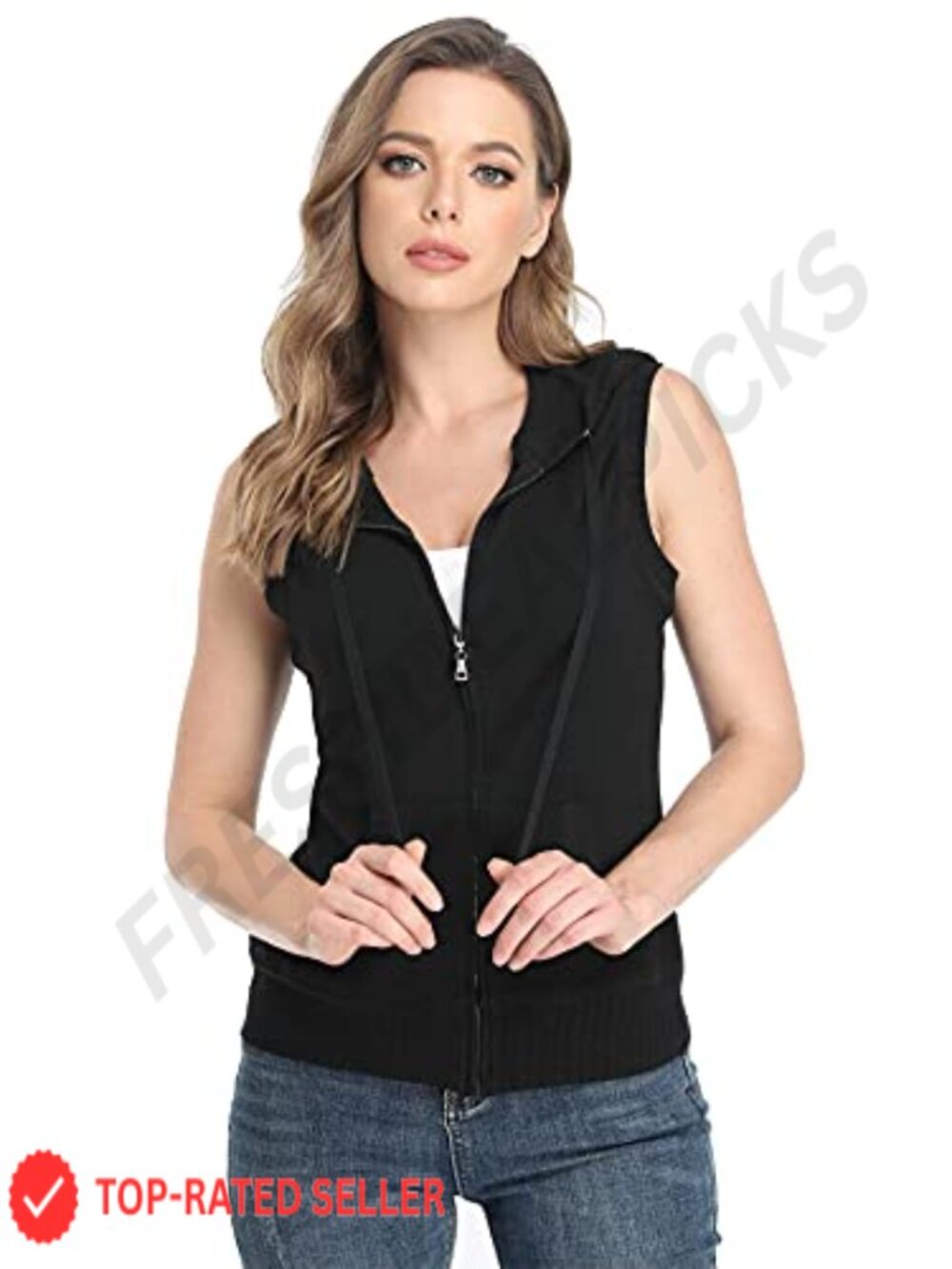 Sleeveless Zip Up Hoodie Vest with Pockets Cotton Polyester Blend